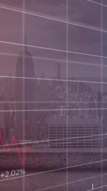 Animation of financial data processing over cityscape. Global business, finances, computing and data processing concept digitally generated video.