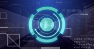 Zamanlayıcı halka segmentlerini ışıklandırmaya başlarken ark döndürme ve veri hatları izleme için hareket ediyor. Siber güvenlik, dijital, fütüristik, yenilik, teknoloji, arayüz, veri