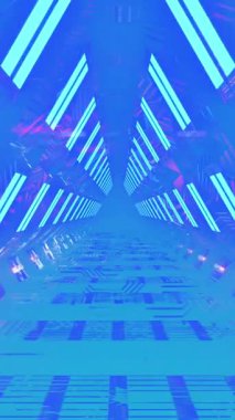 Mavi arka planda tüneldeki neon ışıklarının animasyonu. Işık, neon, şekil ve renk konsepti dijital olarak oluşturulmuş video.