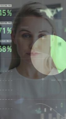 Animation of data processing over caucasian businesswoman smiling. Global business and digital interface concept digitally generated video.