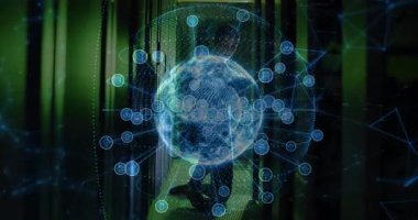 Veri uzmanı koridoru ve teknolojik veri merkezi için holografik dünya ağı büyümesi başlatılıyor. Dijital, geleceksel, ağ, bağlantı, yenilik, teknoloji, şirket