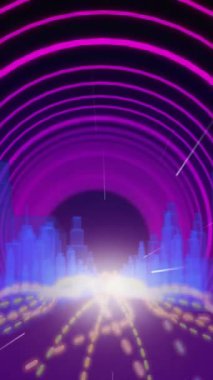 Dijital şehrin üzerindeki neon halkaların animasyonu. Geçmişe dönük gelecek, sosyal medya ve dijital arayüz kavramı dijital olarak oluşturulmuş video.