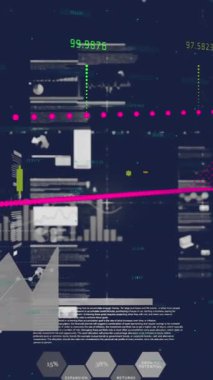 Siyah arkaplana karşı istatistiksel ve finansal veri işleme ekranlarının animasyonu. Küresel finans ve iş veri teknolojisi kavramı