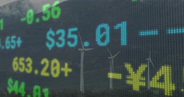 Başlangıç piyasasında rüzgar türbinleri üzerinde yanıp sönen, yenilenebilir enerji eğilimlerini gösteren değerler güncelleniyor. Sürdürülebilirlik, güç, teknoloji, çevre dostu, yatırım, endüstri, yenilenebilir