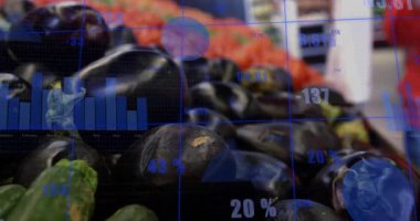 Bakkal bölümüne giren kadın kalite kontrolü için patlıcan basıyor ve mavi grafiklerin kaymasına neden oluyor. Üretim, alışveriş, veri görselleştirme, pazar, tazelik, tüketici, beslenme