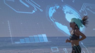 Veri yürüyüşü yapan bir kadın olarak plaj sağlığını takip ederek dünyayı yansıtan arayüz. Fütüristik, fitness, teknoloji, okyanus, refah, jest, yenilik