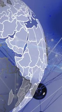 Mavi arkaplanda dönen dünya üzerindeki mavi parçacıkların ve bağlantı ağının animasyonu. Küresel ağ ve iş teknolojisi kavramı