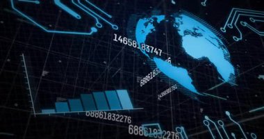 Oynatma başladığında, mavi 3D dünya dönüyor, numaralar güncelleniyor, veri eğilimlerini gösteren çubuklar yükseliyor. Teknoloji, analitik, veri, görselleştirme, dijital, yenilik, fütürist