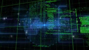 Neon ızgarası başlıyor, mavi nokta görünüyor, kod akışı, halka dönüşümü veriyi temsil ediyor. Gelecek, dijital, teknoloji, soyut, neon, siber, sanal