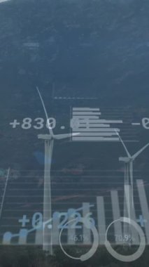 Rüzgar türbinleri, dağlık arazide veri canlandırma animasyonuyla güç üretiyor. Yenilenebilir enerji, sürdürülebilirlik, yeşil, teknoloji, dağlar