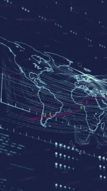 Diyagramlar üzerinden dünya haritası ve veri işleme animasyonları. Küresel iş ve dijital arayüz kavramı dijital olarak oluşturulmuş video.