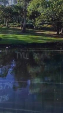 Park üzerinde finansal veri işleme animasyonu. Dijital olarak oluşturulan küresel finansman, bilgisayar ve dijital arayüz kavramı.