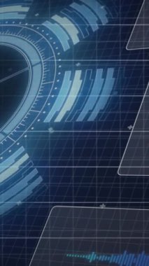 Yuvarlak tarayıcı ile arayüzün animasyonu ve mavi arkaplan ile finansal veri işleme. Küresel finans ve iş teknolojisi kavramı