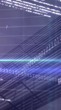 İstatistiksel animasyon, borsa veri işleme, yüksek binanın üzerindeki mavi ışık yolları. Küresel ekonomi ve iş veri teknolojisi kavramı