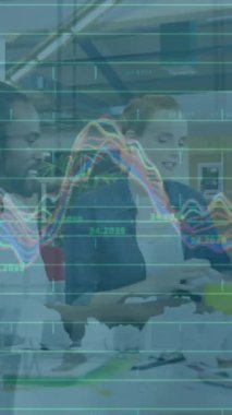 Animation of data processing over diverse stressed colleagues discussing together at office. Business data technology concept