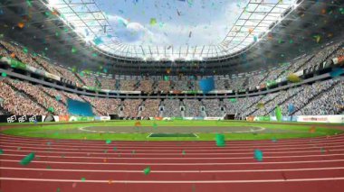 Konfeti parçaları, kutlama sırasında stadyumda hızla yayılıyor oval pistte sürükleniyor. Şenlikler, kutlamalar, sevinç, hareket, coşku, topluluk, açık hava