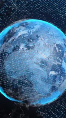 Bağlı noktalar ve haritayla dünyanın üzerinde hareket eden ışınların animasyonu. Dijital olarak üretilmiş, küresel bağlantı, telekomünikasyon, ağ, coğrafya, veri işleme, geleceksel ve teknolojik.