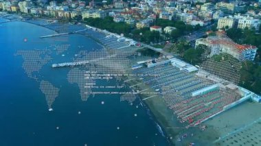 Sahil insansız hava aracı görüntüsü net harita örtüşmesi başlatılıyor. Kod ve veri noktaları ağı gösteriyor. Hava, kıyı, manzara, modern, dijital, teknoloji, eğlence