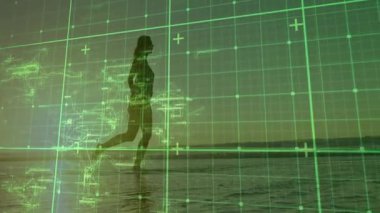 Güneş doğarken sörf yapmaya başlayan bir kadın, titreşen neon yeşil teknoloji ızgaraları arasında suyu tekmeliyor. Siluet, okyanus, ufuk, dijital, fütüristik, hareket, gün doğumu