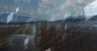 Kameralı tarla sürme alanı veri bloklarını başlatıyor sürükleniyor, grafik yükseliyor, tarım eğilimlerini görselleştiriyor. Tarım, veri görselleştirme, modern, dijital, manzara, teknoloji, analitik