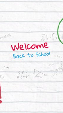 Okul eşyaları simgeleri üzerinden okula dönüş metninin animasyonu. Küresel eğitim ve dijital arayüz kavramı dijital olarak oluşturulmuş video.