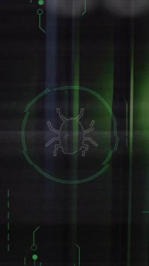 Veri işleme ve sunucu odasında hata simgesinin canlandırılması. Teknoloji ve dijital arayüz kavramı dijital olarak oluşturuldu.