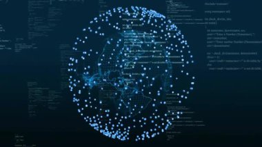 Oynatma küreyi döndürmeye başladığında, kod parçaları sürükleniyor ve veriyi görselleştirmek için düğümler titreşiyor. Teknoloji, bağlantı, veri, siber alan, dijital, geleceksel, ağ