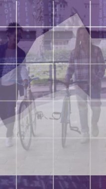 Dışarıda bisikletle yürüyen iki farklı adama karşı istatistiksel veri işleme animasyonu. Bilgisayar arayüzü ve iş veri teknolojisi kavramı