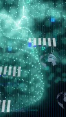 Küre ve grafikler üzerinde hareket eden ikili kodların animasyonu. Dijital olarak üretilmiş, çoklu pozlama, kodlama, veri işleme, iş, rapor, küreselleşme, teknoloji.