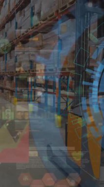 Depoda mikroskop ve finansal veri işleme animasyonu. Küresel gönderim, iş, bağlantılar, hesaplama ve veri işleme kavramı dijital olarak oluşturulmuş video.