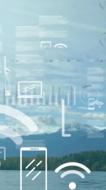 Veri işleme, borsa ve manzara üzerindeki diyagramların animasyonu. Küresel iş, doğa ve dijital arayüz kavramı, dijital olarak oluşturulmuş video.