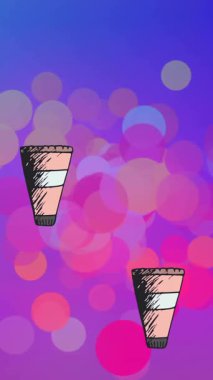 Mavi ve pembe ışık lekeleri üzerine makyaj kremi tüplerinin animasyonu. Moda, güzellik, makyaj, sosyal medya, dijital arayüz ve iletişim arka planı, dijital olarak oluşturulmuş video.