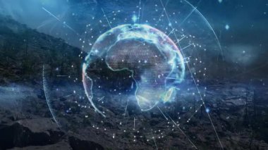 Yürüyüşçüler teçhizatı ayarlar ve teknoloji gösterilerinde veri sinyalleri gönderen hologram üstüne iz sürerler. Dijital, keşif, macera, teknoloji, engebeli, manzara, takım çalışması