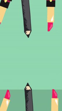 Yeşil siyah arka planda farklı kozmetik ve aksesuar simgelerinin animasyonu. Güzellik, kozmetik, ikonlar ve arkaplan konsepti dijital olarak oluşturulmuş video.