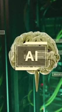 Beyin ve sunucu odası arka planında yapay zeka animasyonu. Yapay _ zeka, teknoloji, nöral _ ağ, veri _ işleme, dijital _ dönüşüm, yenilik