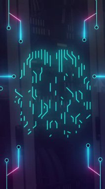 Sunucu odasındaki veri sunucu sistemlerinde devre kartı desenli beynin animasyonu. Dijital bileşik, yapay zeka, ağ güvenliği, veri merkezi, ağ oluşturma ve ağ sunucu kavramı.