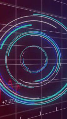 Animation of neon round scanner and statistical data processing against purple gradient background. Computer interface and business data technology concept