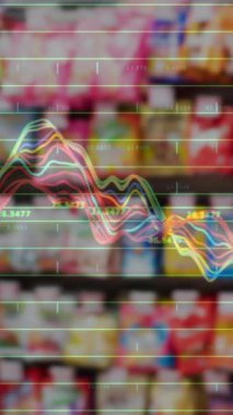 Süpermarketteki ürünlerle raflara karşı veri işleme animasyonu. Süpermarket ve perakende sektörü kavramı