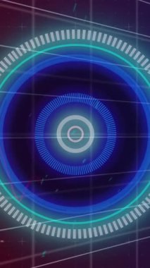Animation of illuminated circles over grid pattern and multiple graphs against black background. Digitally generated, hologram, illustration, report, business and technology concept.