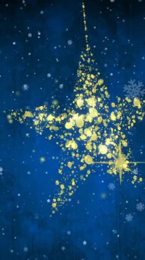 Mavi arka planda düşen kar taneleri animasyonuyla parçacıklardan oluşan altın yıldız. Tatil, kış, Noel, şenlik, süs, sim