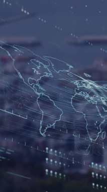 Animation of globe, loading bars and map against aerial view of port in background. Digital composite, multiple exposure, globalization, progress, transportation, shipping and technology concept.