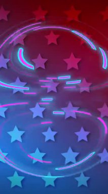 Aydınlatılmış dairesel desen animasyonu renkli yıldız şeklindeki arka planda dönüyor. Dijital kompozit, bağımsızlık, Amerikan bayrağı, vatanseverlik, kutlama, özgürlük ve kimlik kavramı.