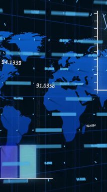 Grafiklerin animasyonu, dünya haritası ve siyah arkaplandaki numaralar. Küresel finans, ekonomi, veri işleme ve teknoloji konsepti dijital olarak oluşturulmuş video.