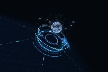 Mavi evin dijital arayüzü siyah arkaplana karşı