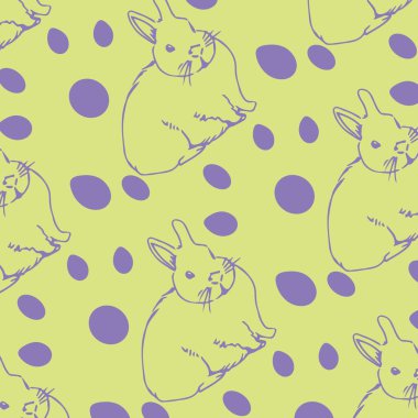 Merkezi mor çizgili tavşan soluk yeşil çizim tarzında mor oval modelle yer alıyor. Soyut, geometrik, minimalizm, oyuncu, kaprisli, şablon, tasarım