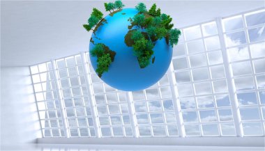 3 boyutlu toprak küre beyaz atriyumun içinde yüzüyor, şebeke pencereleri ve yeşil korulukları var. Modern, minimalist, çevre dostu, yenilikçi, mimari, teknoloji, sürdürülebilir