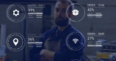 Seminerde donanma ceketi ve önlük giyen sakallı bir teknisyen var. AR sipariş grafikleri de var. Sanayi, üretim, teknoloji, analitik, makine, hassasiyet, iş akışı