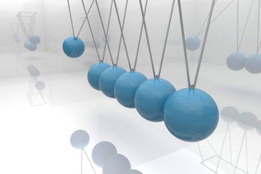 Minimalist 3D sahnesinde, aynalı yüzeyleri olan altı parlak mavi küre gümüş çubuklarda sallanıyor. Soyut, modern, fütürist, geometrik, yansıtıcı, dijital, kurulum