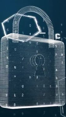 Asma kilit üzerinde bilimsel veri işleme animasyonu. Siber güvenlik, yapay zeka, bilim, bağlantılar, hesaplama ve veri işleme kavramı dijital olarak oluşturulmuş video.