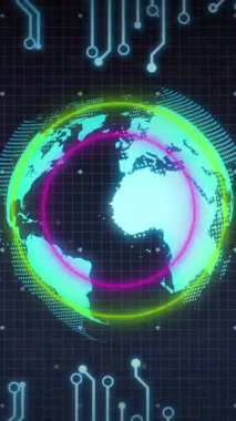 Dijital küre, animasyondaki devre şablonları ve veri tablolarıyla parlıyor. Teknoloji, yenilik, ağ, fütüristik, yapay zeka, siber